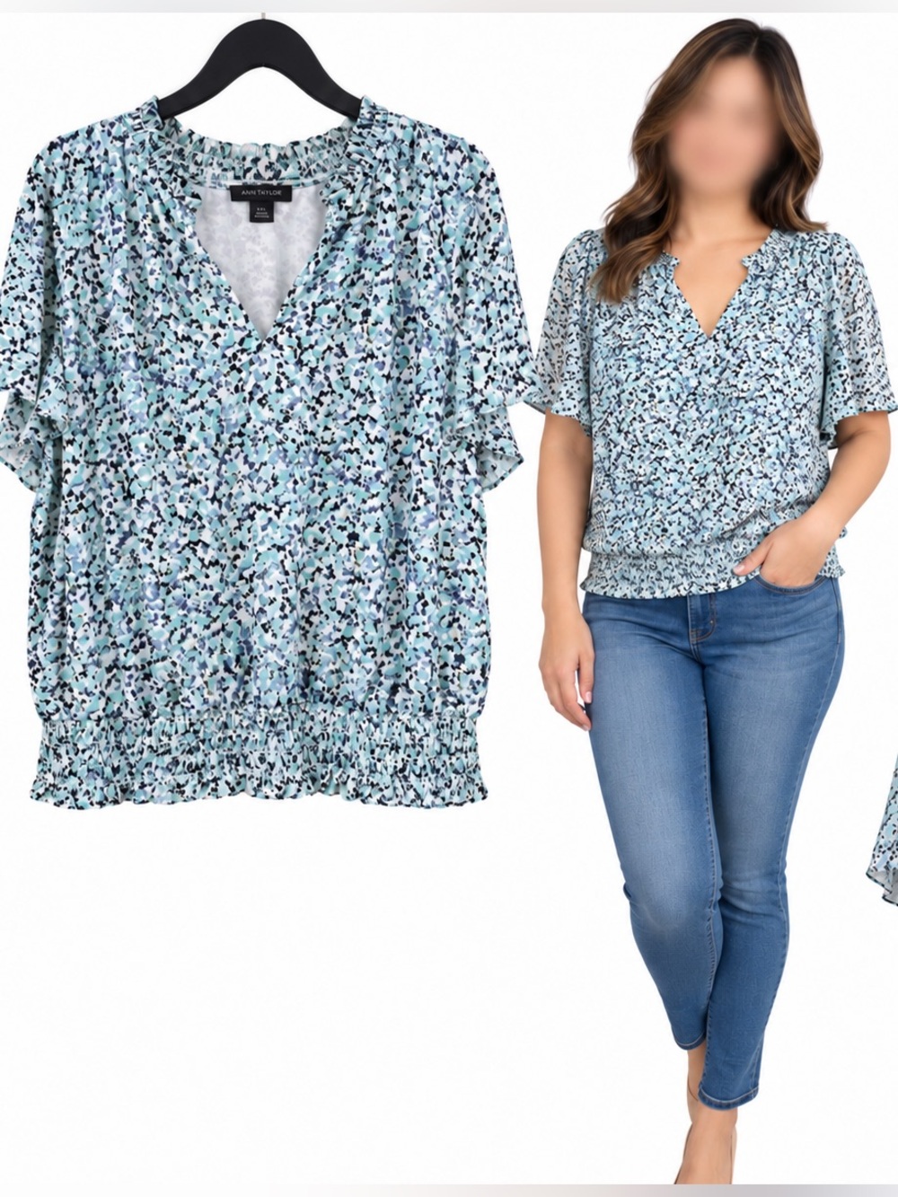 Ann Taylor Light Blue Floral V-Neck Smocked Waist Blouse